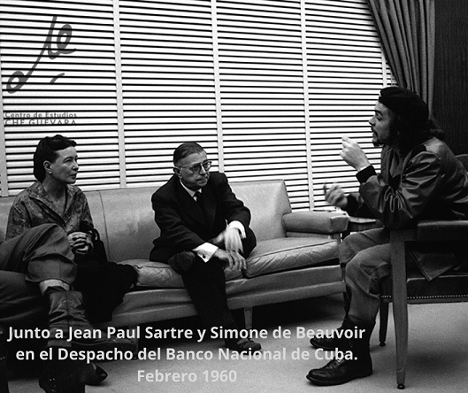 Junto a Jean Paul Sartre y Simone de Beauvoir en el Despacho del Banco Nacional de Cuba. Febrero de 1960